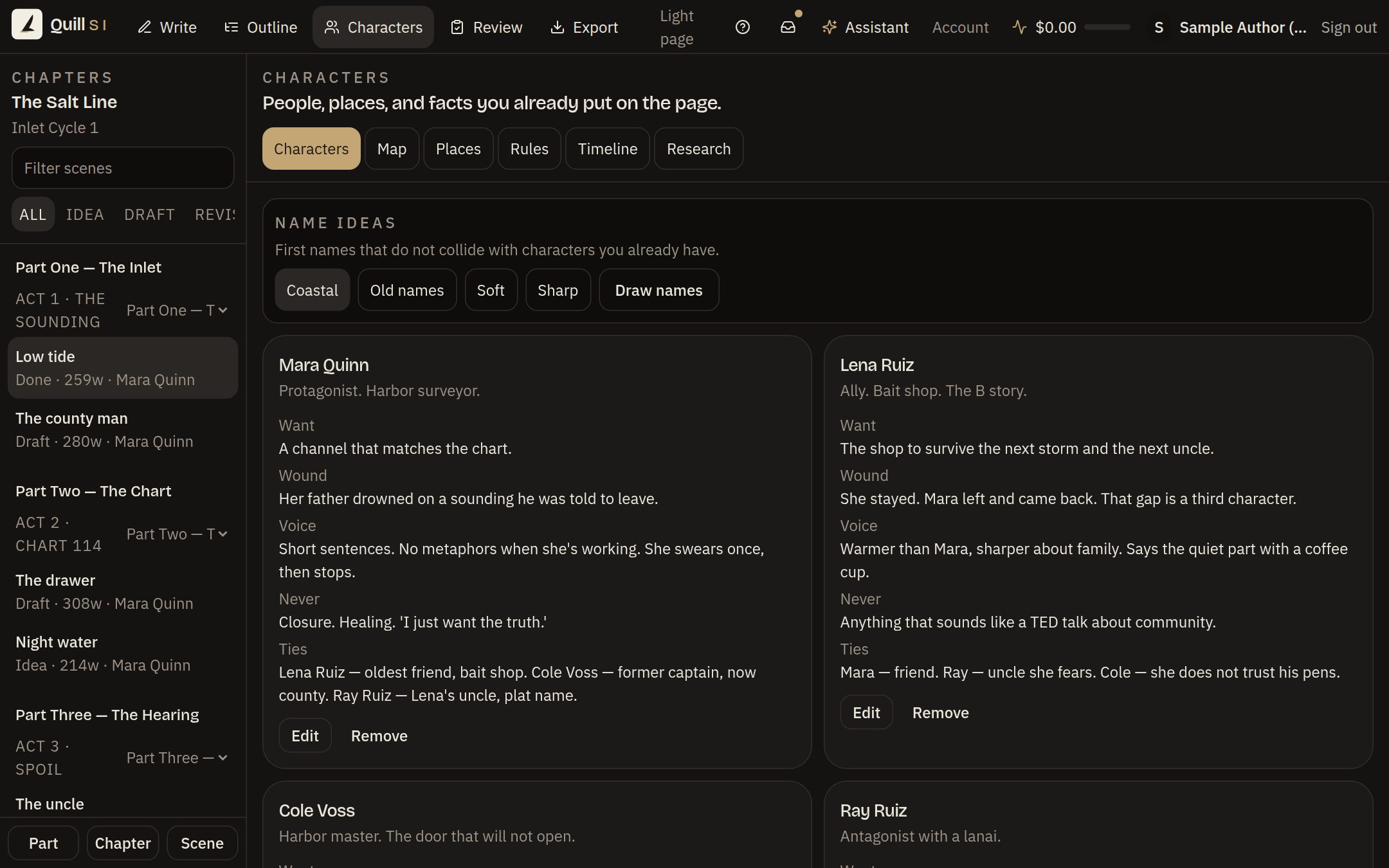 Characters: the Quill SI screen for this step