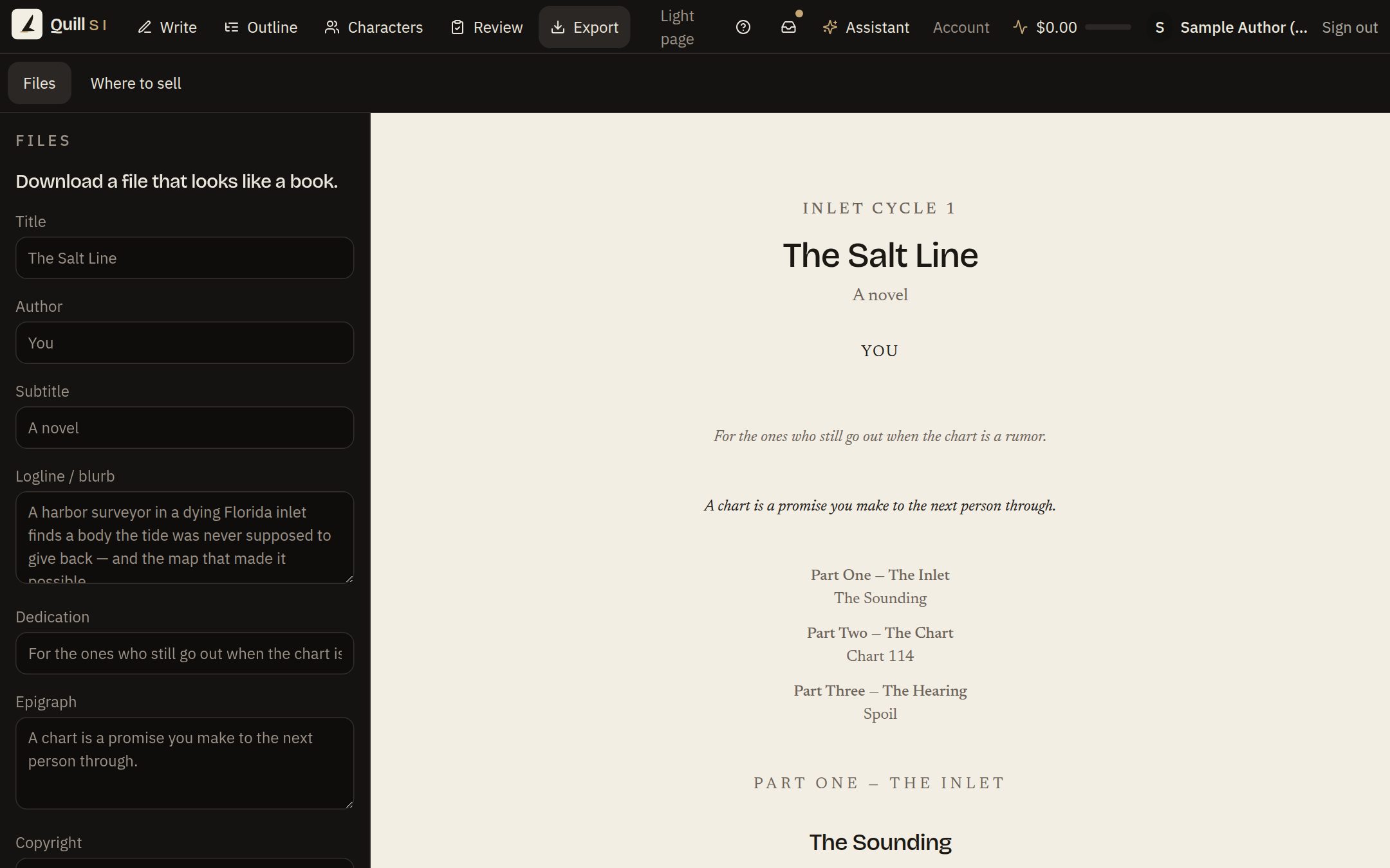 Export: the Quill SI screen for this step