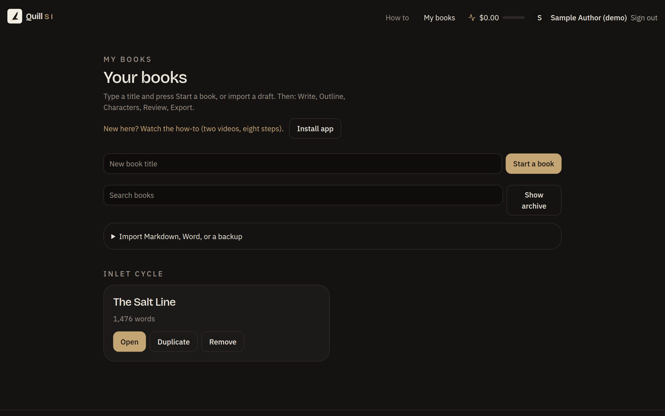 Start a book: the Quill SI screen for this step